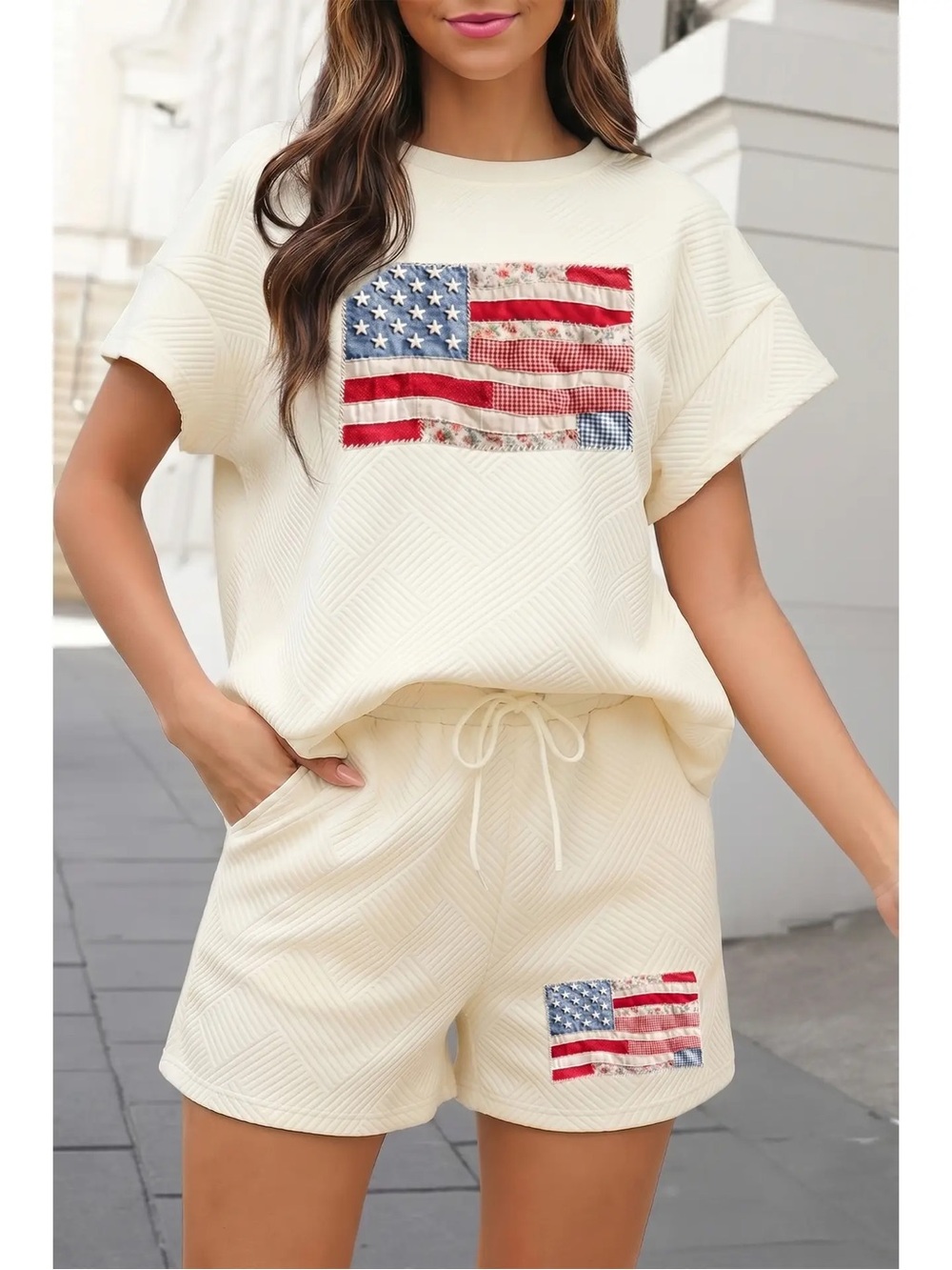 Cream Short Sleeve Tee with American Flag Patch